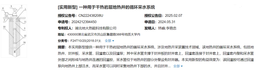 地大熱能取得用于干熱巖層地熱井的循環(huán)采水系統(tǒng)專利，提高干熱巖層地熱井的熱能采集效率